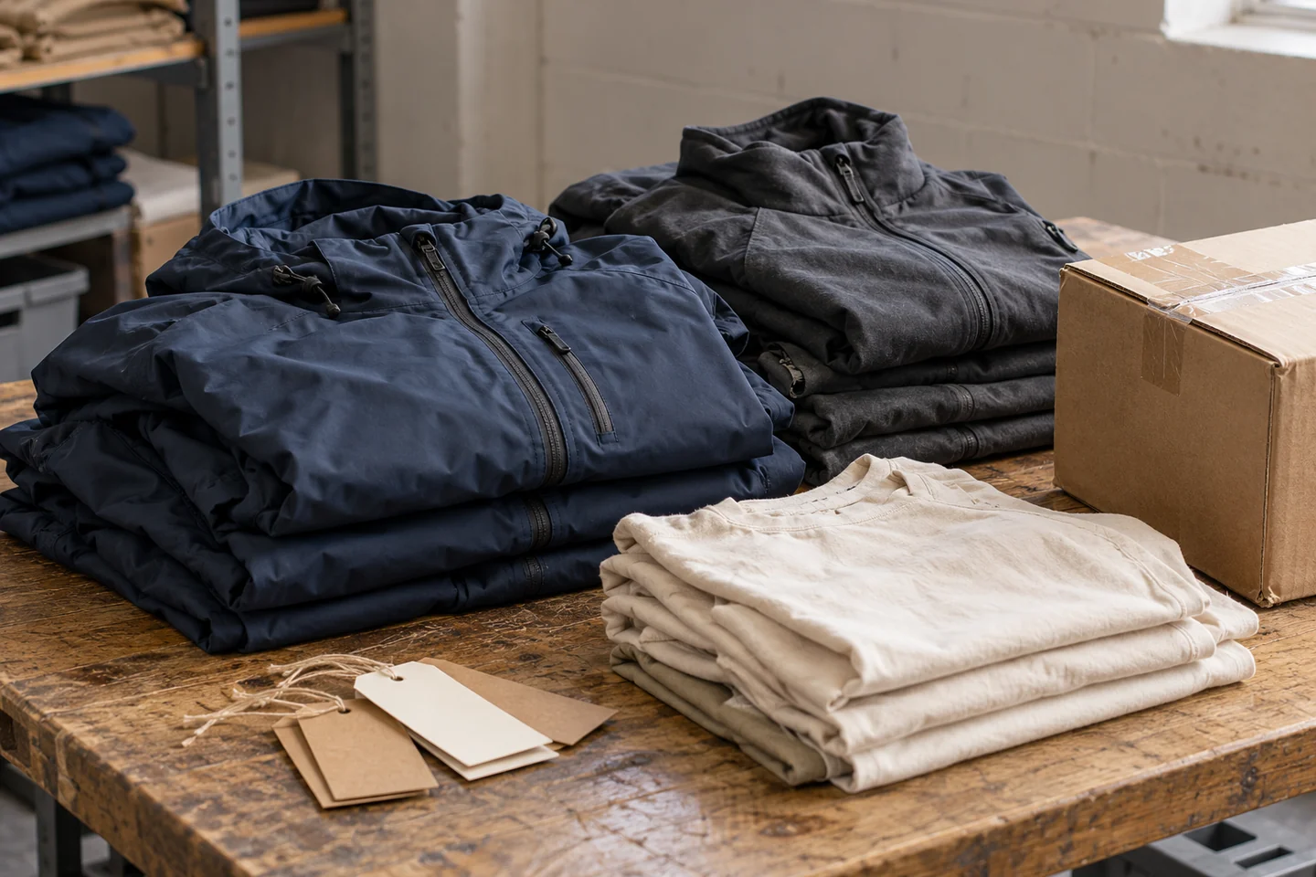 Illustrative arrangement of folded apparel, blank tags and a cardboard box