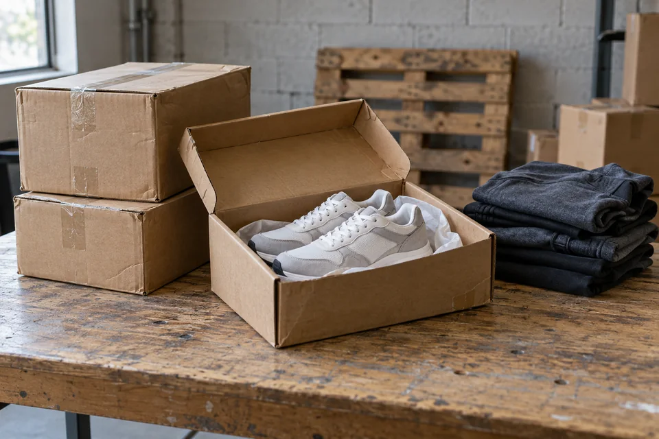 Shoeboxes and new footwear on a packing table