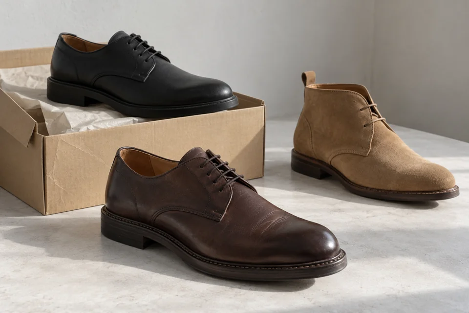 New leather shoes and a suede boot beside a plain shoebox