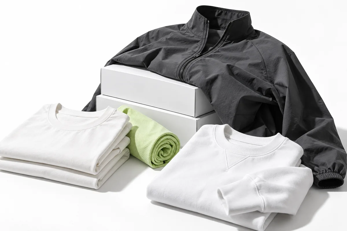 Illustrative studio composition of sport jackets and folded apparel on white boxes