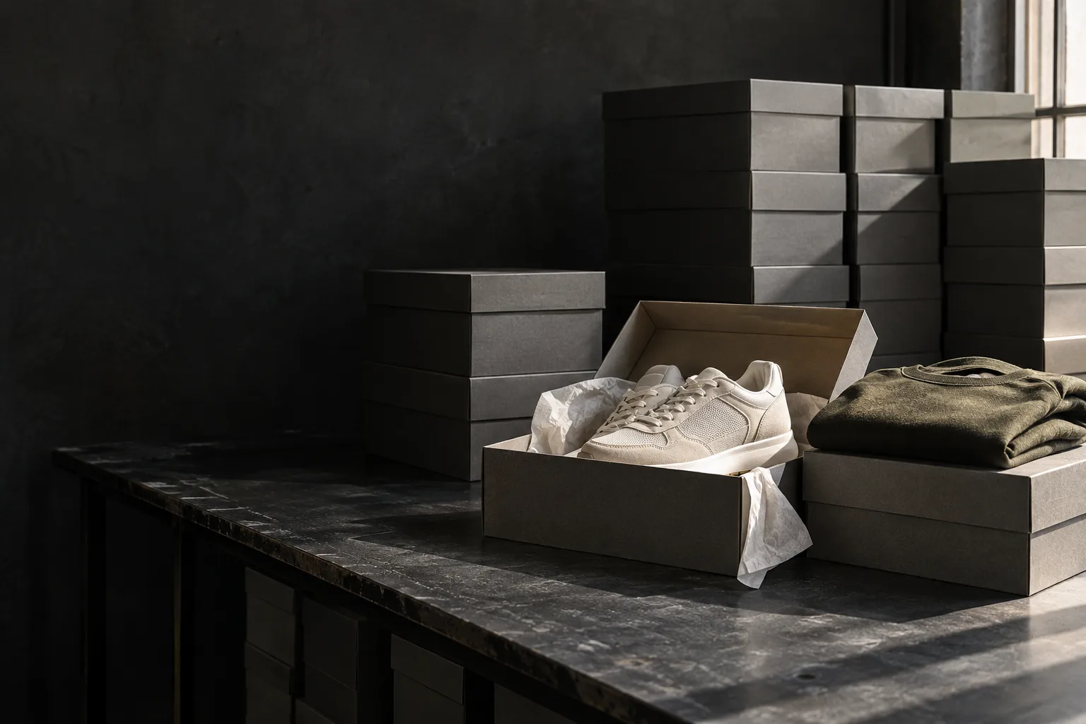 Illustrative stockroom scene with shoe boxes, pale sneakers and folded apparel