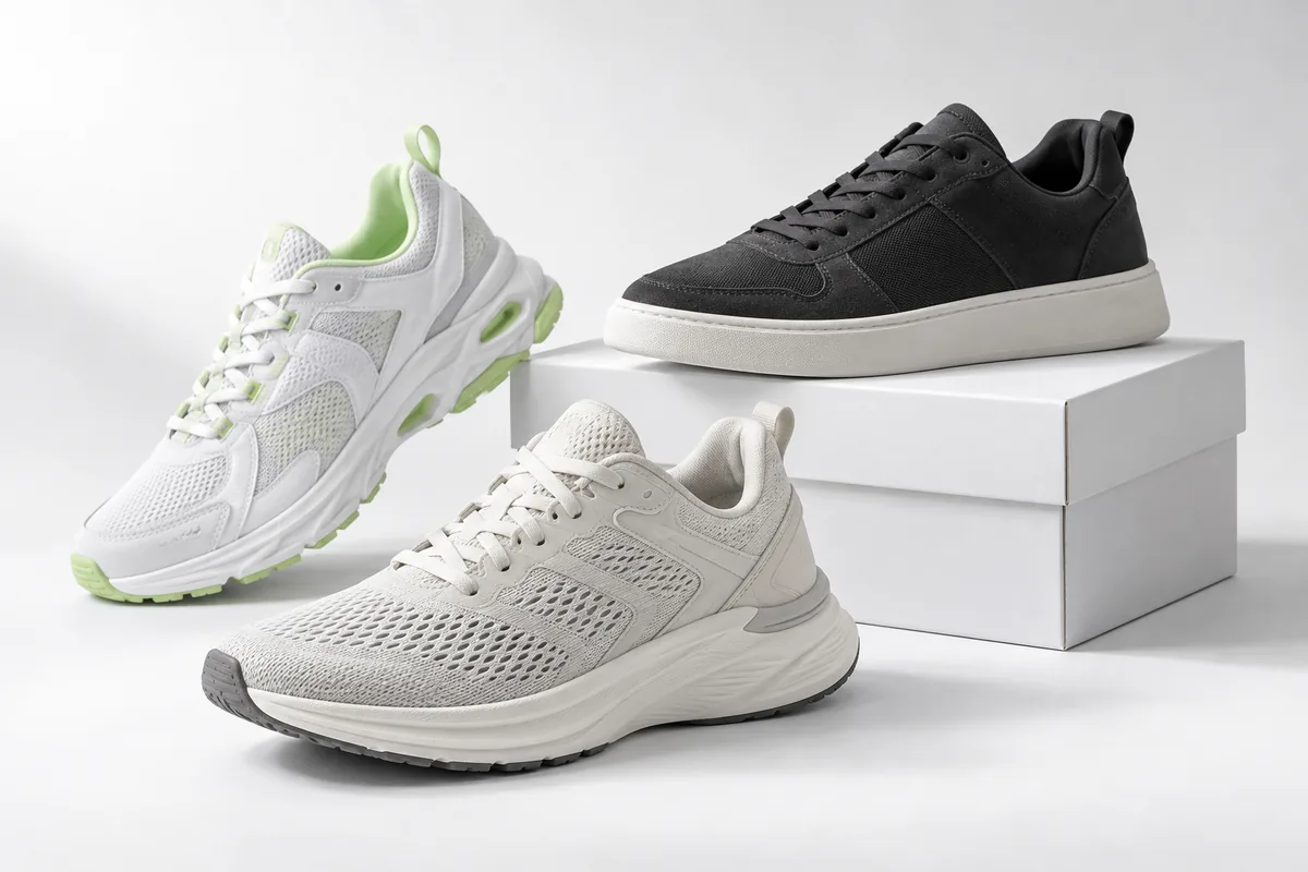 Illustrative studio composition of sneakers and plain white shoe boxes