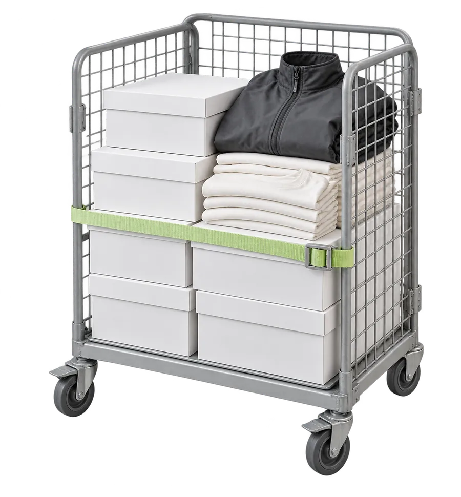 Illustrative studio cutout of a stock trolley with plain boxes and folded apparel